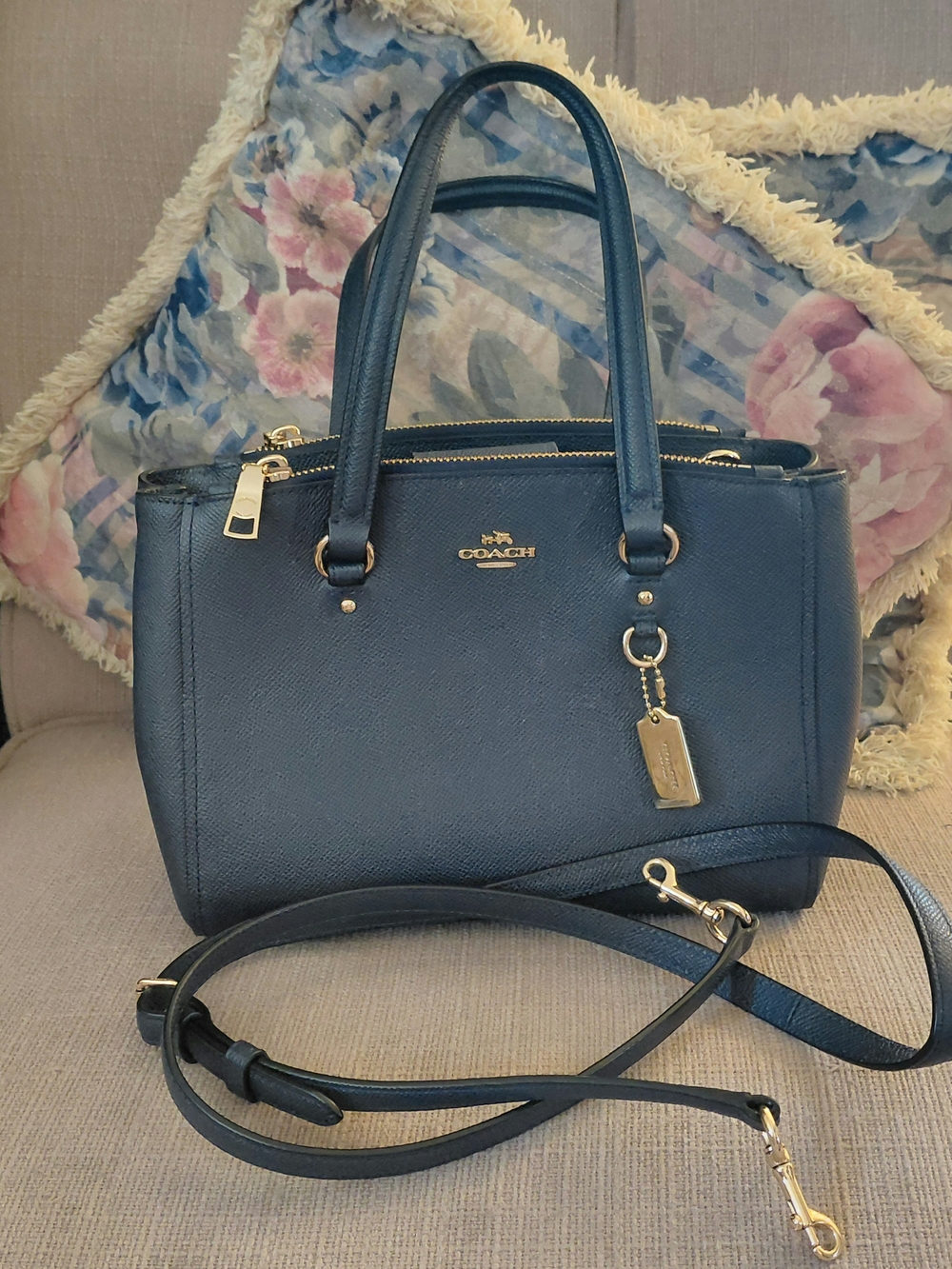 Coach Navy Saffiano Leather Satchel with Gold Hardware